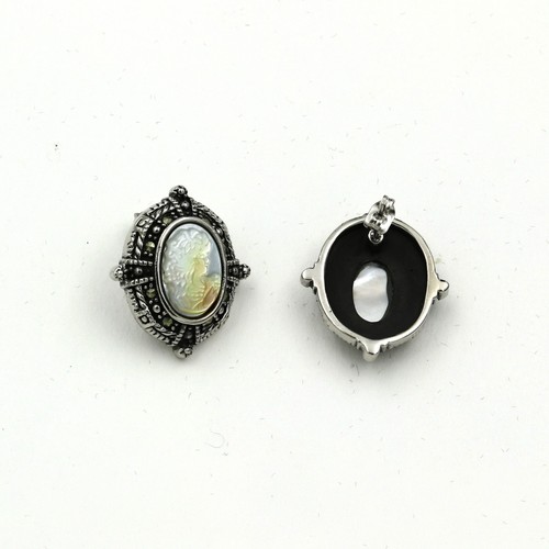 Stainless Steel 316 Abalone Cameo Marcasite Pendant & Earrings - Picture 2 of 6