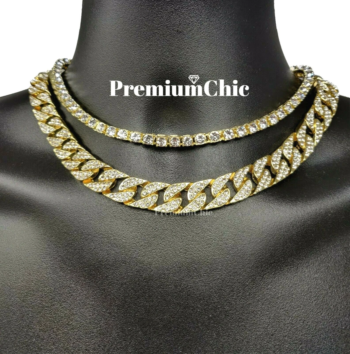 Tennis Chain &amp; Cuban Hip Hop Mens CZ Necklace Gold Plated COMBO SET | eBay