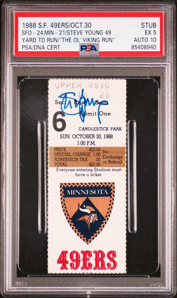 1988 STEVE YOUNG SIGNED FAMOUS”OL VIKING RUN”49 YARD TD RUN TICKET