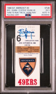 1988 STEVE YOUNG SIGNED FAMOUS”OL VIKING RUN”49 YARD TD RUN TICKET