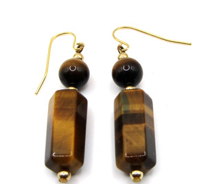 Authentic Tiger Eye Hexagon Drop Dangle Earrings Gold Plated 2 inch