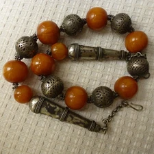 Ancien Collier Ethnique Yémen Argent Ambre Bakelite Ethnic Silver Amber 19C