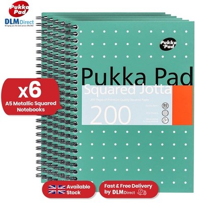 6x Pukka Block A5 quadratisches Jotta Buch, 5 mm Raster, 200 Seiten, drahtgebundenes Notizbuch