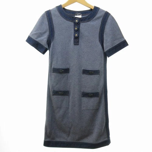 【Abiti】CHANEL 07P Abito Bordo Denim Maglia Tessuto Cashmere Seta Qui Segna Bottone