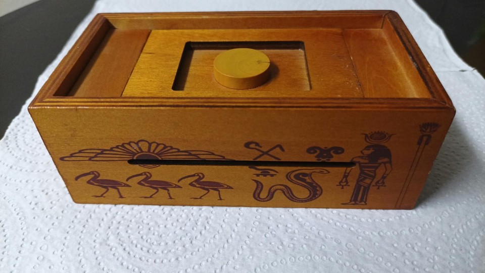 Vintage Egyptian Wood Puzzle Box Mechanical Bank.