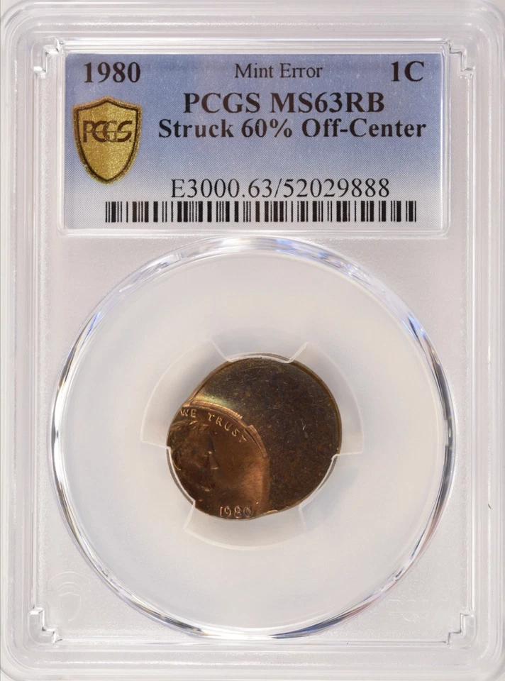 Centavo Lincoln 1980 1 c acuñado 60 % descentrado graduación profesional MS63 RB Foto 3 de 4