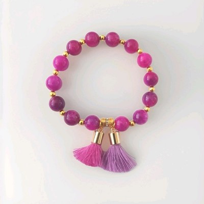 Sylvie's Edelstein Heilstein MASHAN JADE Armband 18cm Fuchsia Gold dehnbar/ 1302