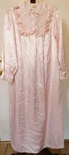 VTG Elise Stevens Pink Satin LS Long Gown M Brushed Back Inside Lace Ruffle USA