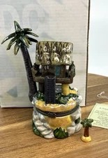 Porcelain Hinged Trinket Box Palm Tree Hut Jungle Oversized Large