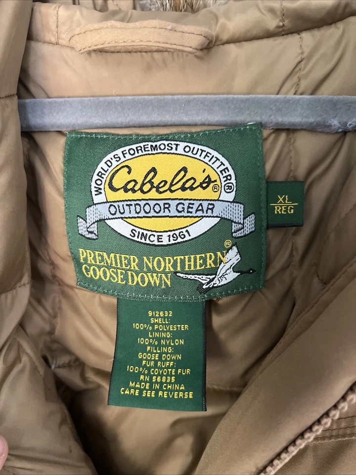 Cabela's Long Goose Down Coyote Fur Hooded Trim Coat Size XL - Image 4 of 4