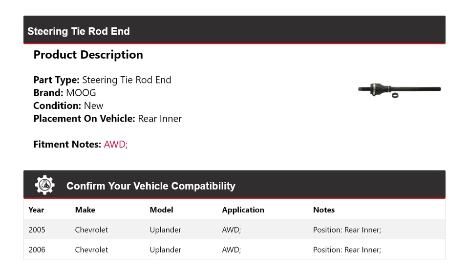 Para 2005-2006 Chevrolet Uplander AWD extremidade de haste de direção traseira interna MOOG - Imagem 2 de 4