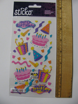 Sticko Stickers BIRTHDAY FUN Cake Gifts Hats Confetti 38 Pieces NOS