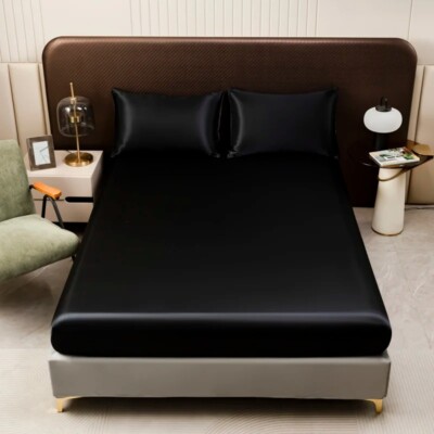 Satin Solid Color Bed Fitted Sheet Pillowcase Upscale Adjustable Mattress Covers