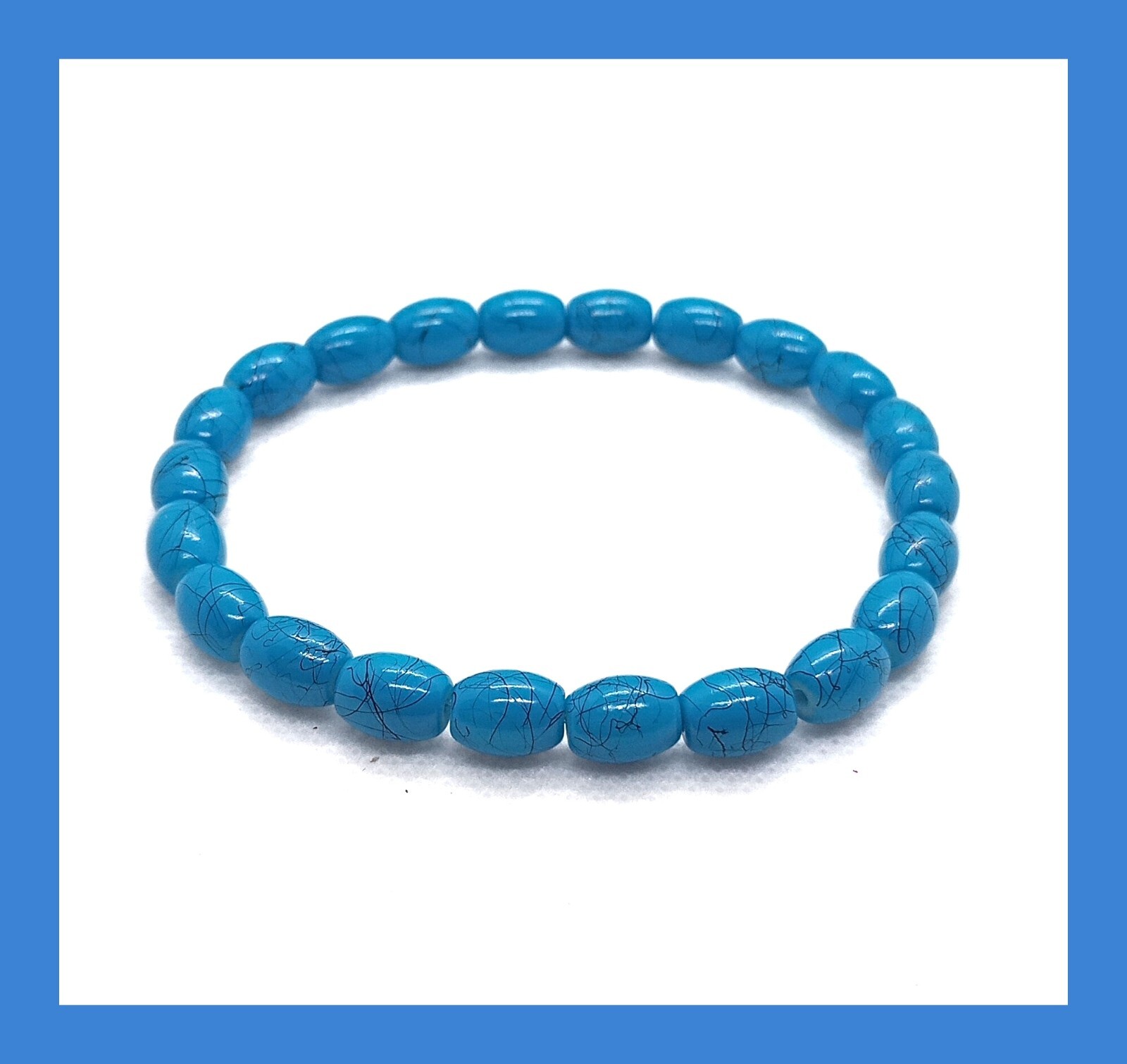 Bracelet Blue 8mm x 6mm Drawbench Oval Beaded  Woman Gift Stretch Elastic
