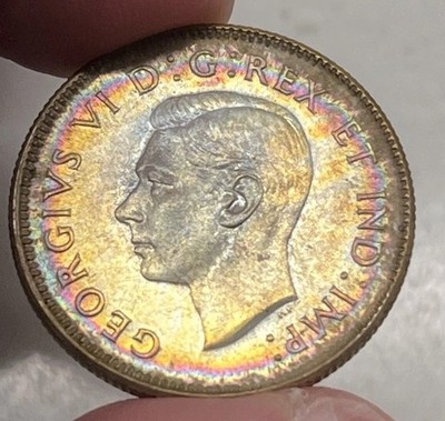 1945 Canada 25 Cents Caribou - Rainbow Halo Toning - Gold Center with Neon Rim