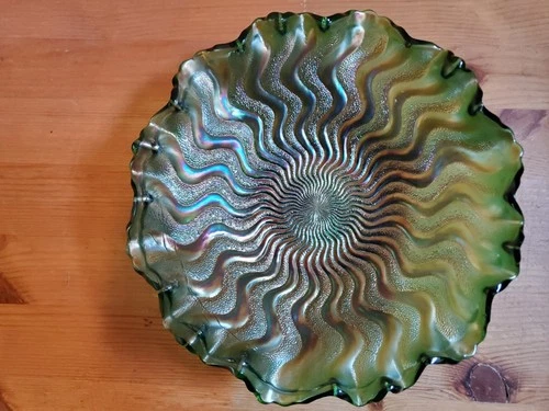Carnival Glass Millersburg GREEN  Zig Zag Crimped Bowl
