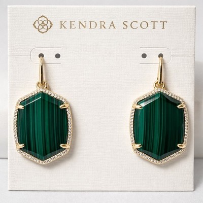 Kendra Scott Daphne Gold Frame Green Malachite Drop Earrings NWT + Free Gift