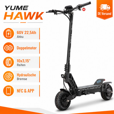 YUME Hawk E-Scooter 60V 22,5Ah 10x3,15 Zoll NFC APP Hydraulikbremse Vollfederung