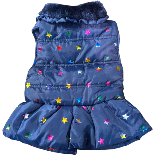 Little Lass girl's blue stars ruffles faux fur trim full zip puffer vest sz 5 - Picture 7 of 7