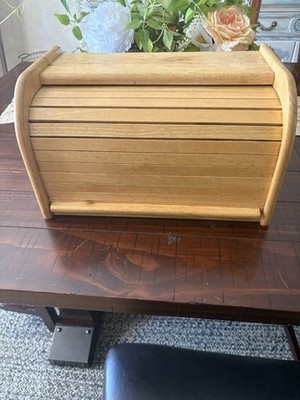 Vintage Retro Oak Wood Roll-Top Bread Bin Light Brown Rectangular Storage
