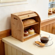2-Layer Bread Box Bread Keeper Bamboo Wood Wi...