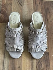 Sole Society Women’s Harriet Mules-Slip On Suede Fringe W/ Pom Poms US 8.5 EU 39