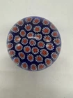 VTG Murano Style Millefiori  Thousand Flowers  3” Blue Art Glass Paperweight