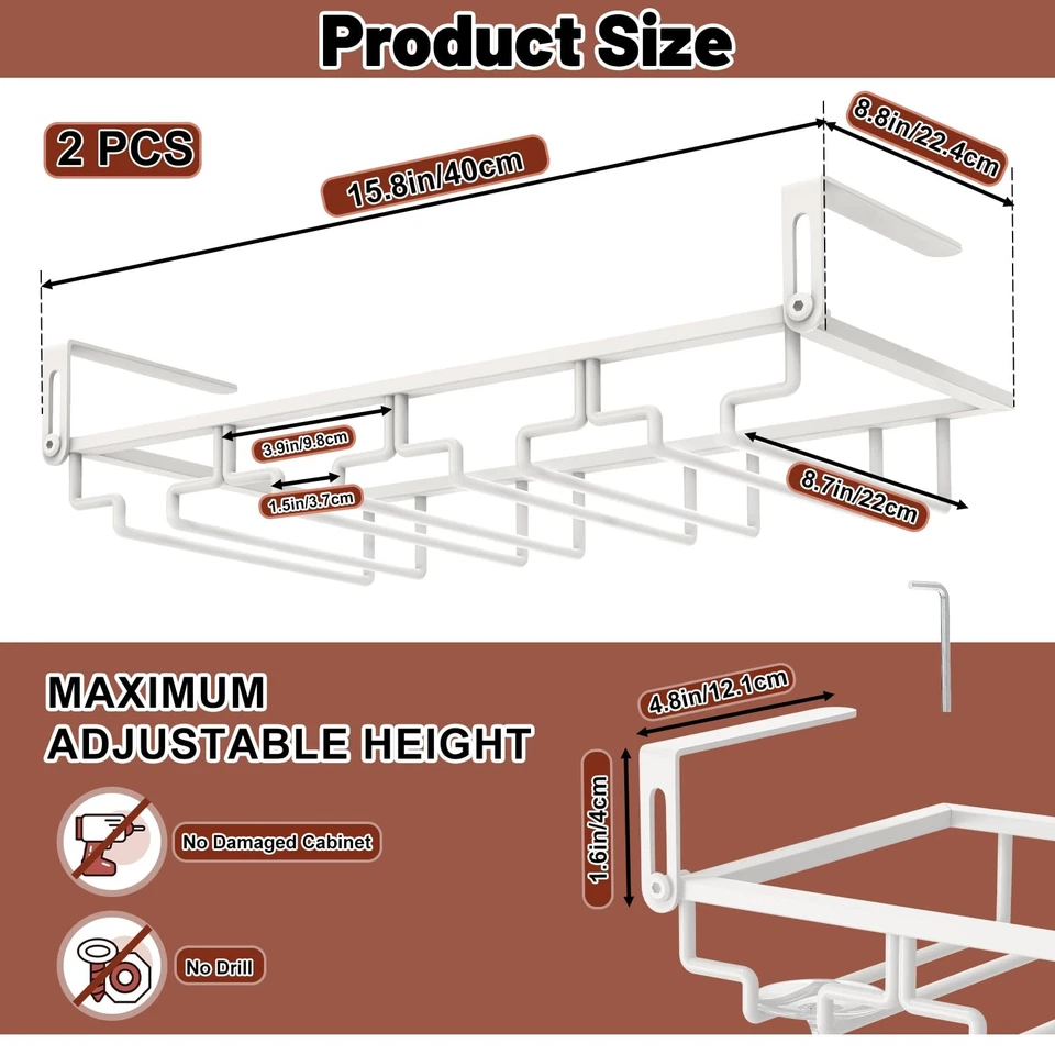 Estante ajustable para copas de vino de 2 piezas debajo del gabinete, 4 filas de vajilla sin perforaciones ganar... Foto 2 de 4