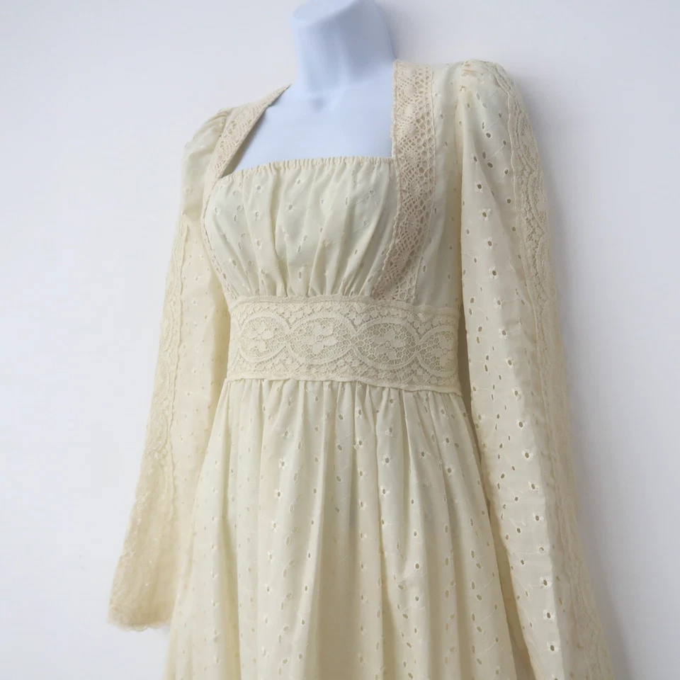Maxi Vestido Vintage Años 70 Gunne Sax Prairie Cottagecore Pequeño 4-6 Marfil Encaje Foto 2 de 4