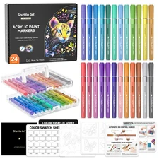 Automatic Ink Control Acrylic Paint Markers, 24 Metallic Colors Brush Tip Acr...
