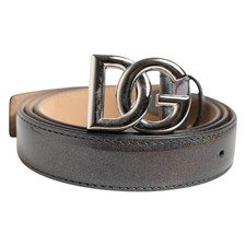 DOLCE & GABBANA Belt Metallic Leather Silver Tone Logo Buckle 80cm/ 32in 680usd