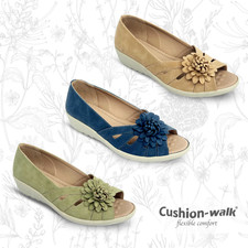 Womens Wide Peep Toe Low Wedge Sandals Cushion Walk EEE Fit Slip On Flower