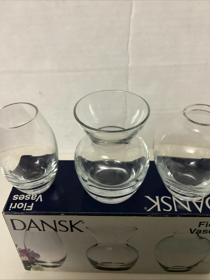 Juego de 3 mini jarrones de vidrio transparente Dansk Fiori estilos mixtos caja original de 3" Foto 3 de 4