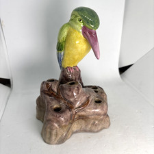 Rare 1920s Green Crested Japanese Banko Ware Bird Art Deco Pottery Hatpin Holder
