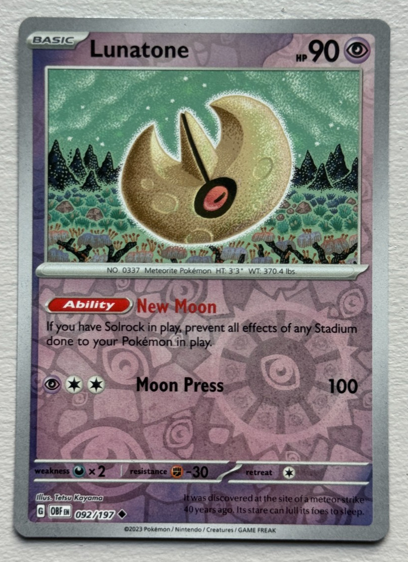 Lunatone 092/197 Uncommon Obsidian Flames Pokemon Reverse Holo Near Mint