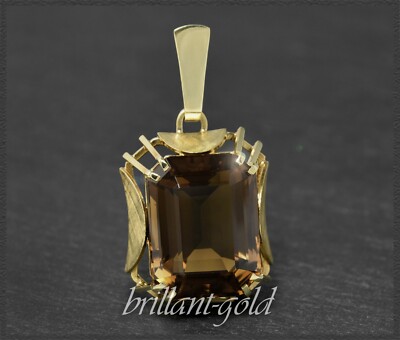 585 Gold Anhänger mit großem 35ct Rauchquarz, massiv 11,5g Gelbgold, um  1950