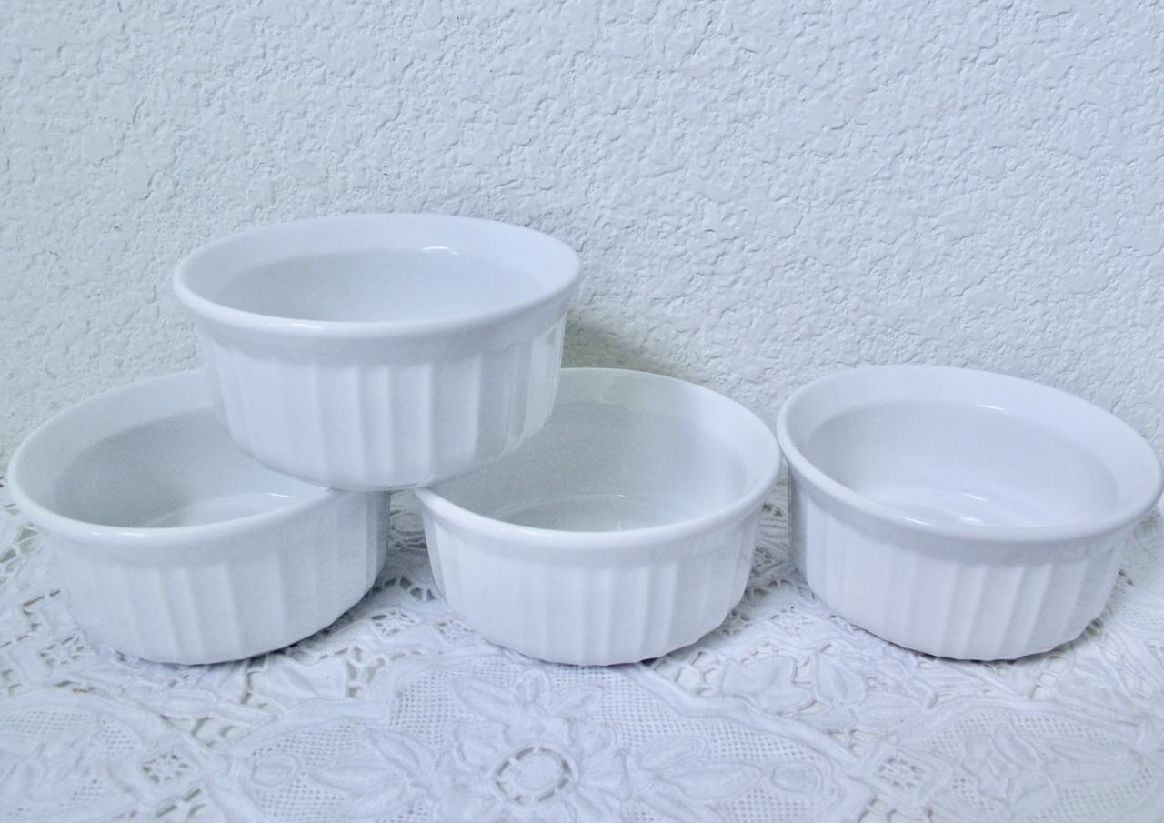 Set /4 Corning Ware French White 7 oz. Ramekins Custard Cups Stoneware