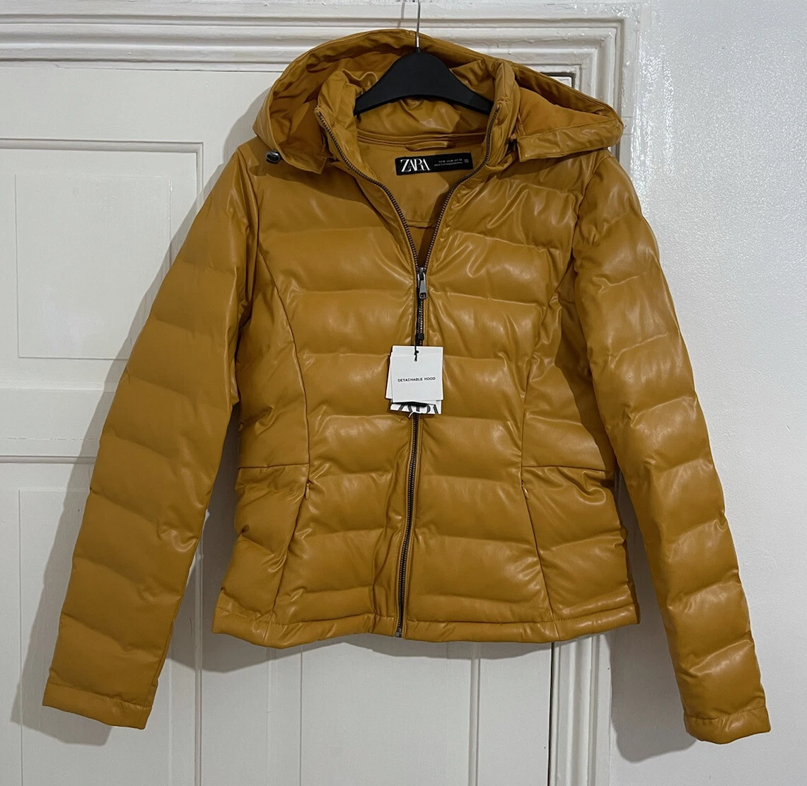 ZARA MUSTARD YELLOW FAUX LEATHER PUFFER JACKET COAT WITH HOOD SIZE