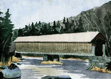 Pier Covered Bridge, Sugar River Trail, New Hampshire. Watercolor art prints.