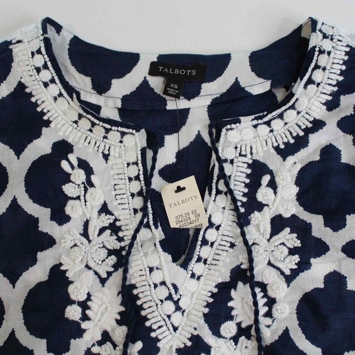 TALBOTS Size XS Moroccan Tile Pattern Cotton Tunic Blouse Embroidered Neck NWOT - Picture 7 of 10