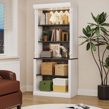 White Bookshelf with Adjustable Shelves 5-Tier Display Cabinet with LED Light