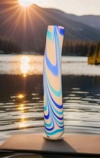 Blown Art Glass Blue Teal White Swirl 16" Tall Curved Vase Vintage MCM