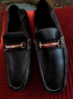 Tod s Men s 8.5 Loafers Drivers Black Leather Red/White Bar Hardware Slip On