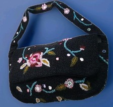 MICROBEADED VTG 90s Purse-Black Beads-Floral  Mirror Design-12" x 6" Boho Chic