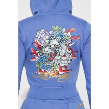 Ed Hardy Zip Up Hoodie Blue Womens 2X Cropped White Tiger Lotus Graphic