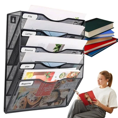 Schwarz Metall Zeitschriftenhalter für Wand 5 Fächer Dokumentenablage Organizer - Bild 1 von 4