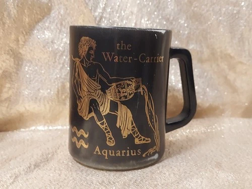 Vintage Aquarius Zodiac Federal Glass Black Gold Astrology Coffee Cup Mug