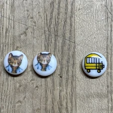 (3) Vinage JHB Decorative 1/2” Shank Buttons | Beatrix Potter Cat / School Bus