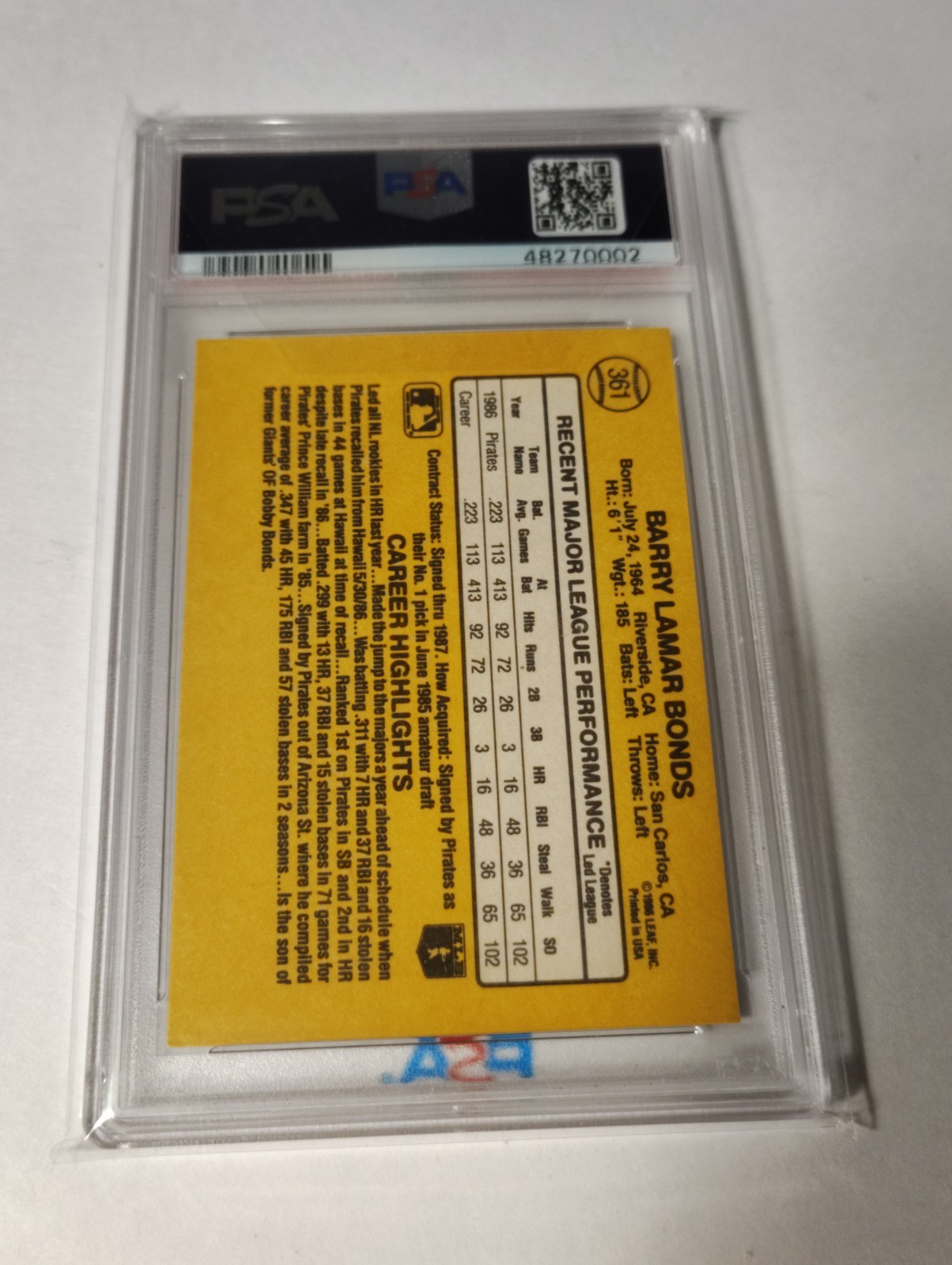 1987 Donruss Barry Bonds #361 Rookie PSA 5 view 2