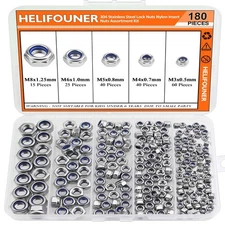 180PCS Nylon Insert Hex Lock Nuts, M3 M4 M5 M6 M8 Sizes 304 Stainless Steel 18-8